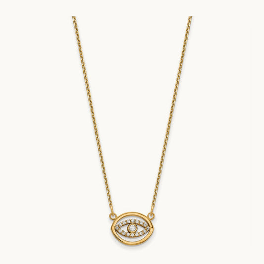 Small Necklace Diamond Gold Halo Evil Eye, 14K Yellow Gold
