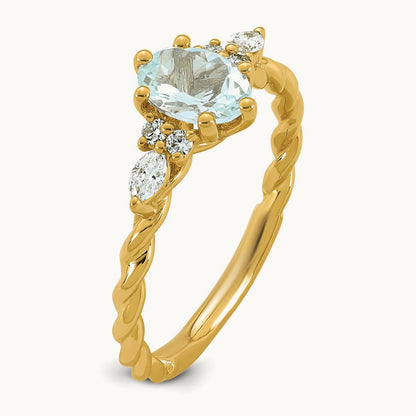 Polished Diamond and Aquamarine Twisted Ring, 14K