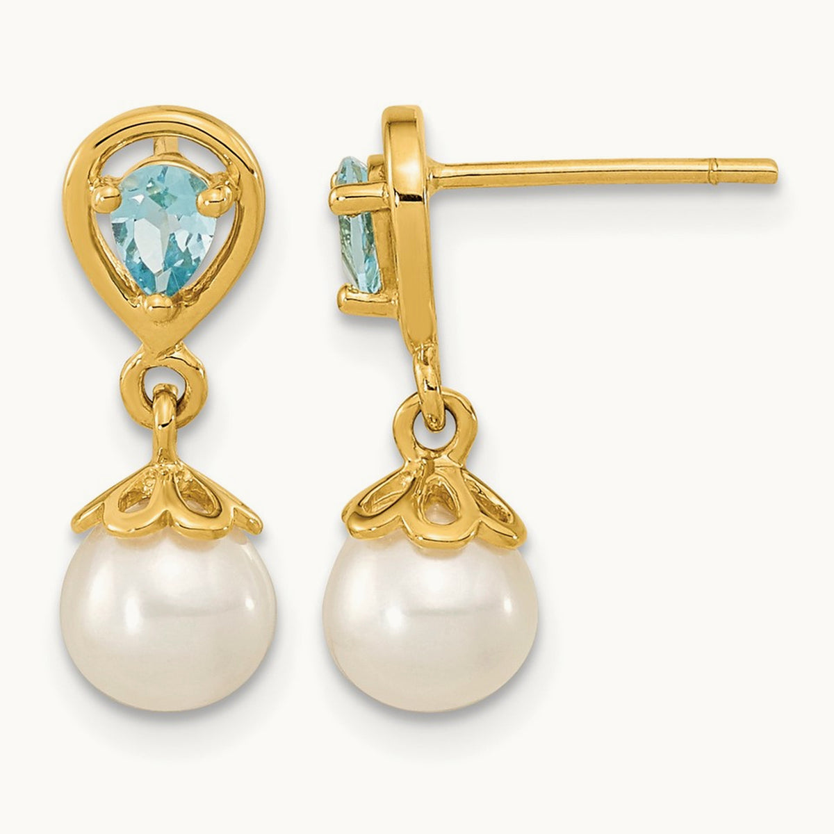 6- FWC Pearl Light Swiss Blue Topaz Dangle Post Earrings, 7mm, 14K
