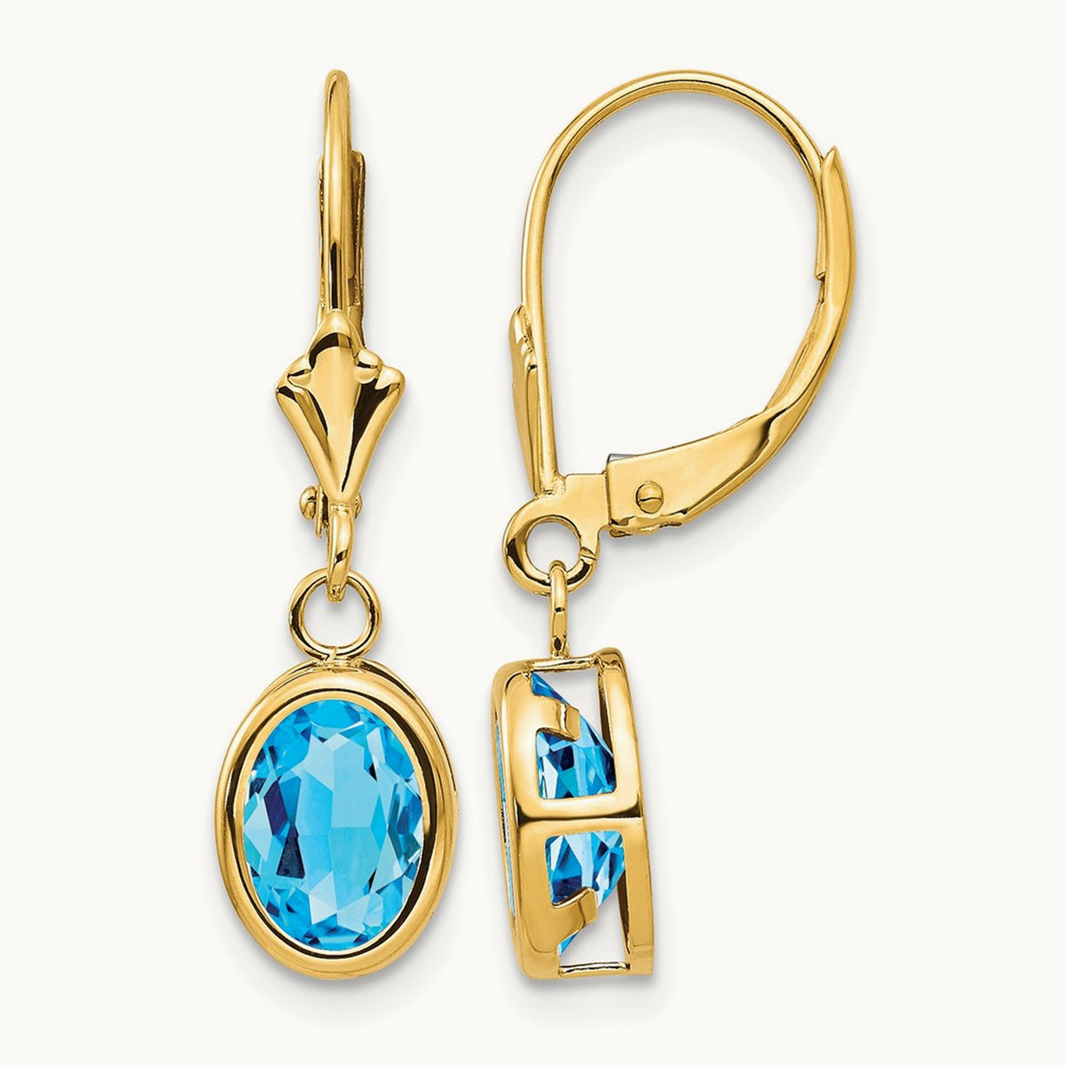 Oval Blue Topaz Leverback Earrings — 14K Yellow Gold, 27mm, 8x6mm