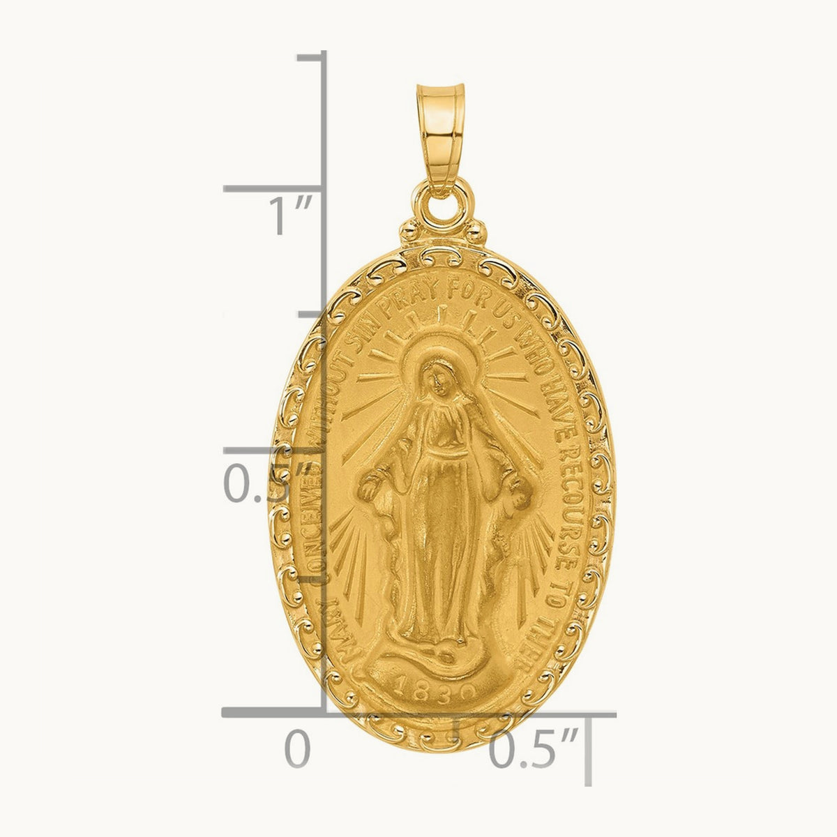 Satin and Polished Miraculous Medal Solid Oval Pendant — 33mm