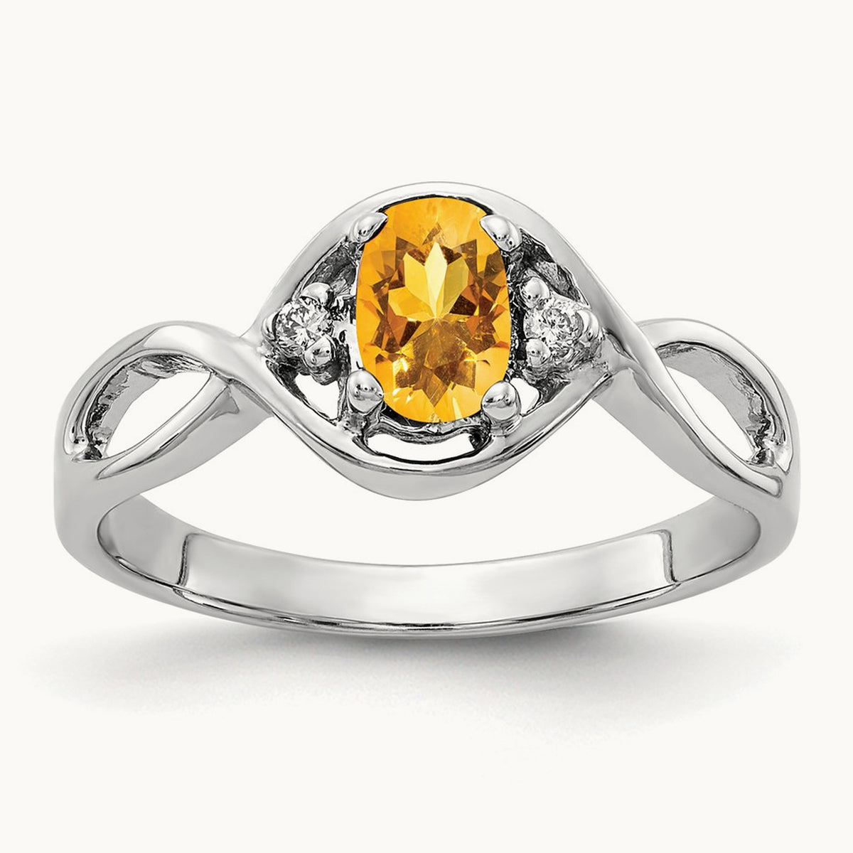 6x4mm Oval Citrine AA Diamond ring, 14K White Gold