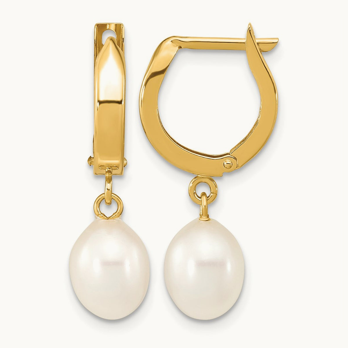 6- Rice White FWC Pearl Hoop Dangle Earrings, 7mm, 14K