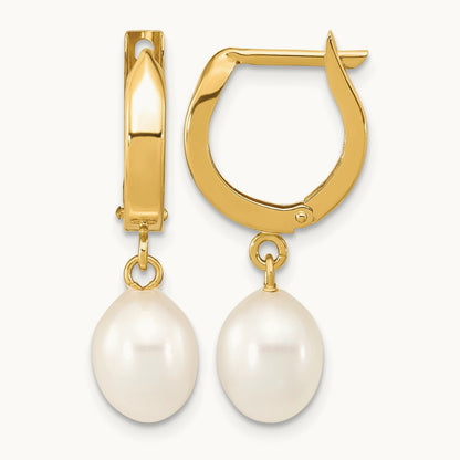 6- Rice White FWC Pearl Hoop Dangle Earrings, 7mm, 14K