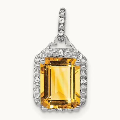 Emerald-cut Citrine and Diamond Halo Pendant, 14K White Gold