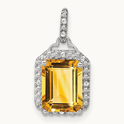 Emerald-cut Citrine and Diamond Halo Pendant, 14K White Gold