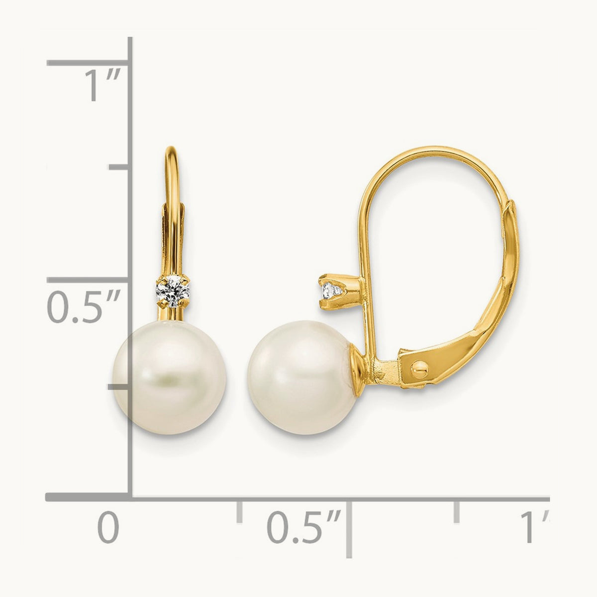 6- Round White FWC Pearl .06ct. Diamond Leverback Earrings, 7mm, 14K