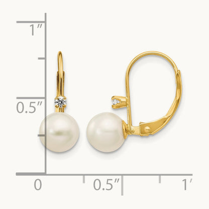 6- Round White FWC Pearl .06ct. Diamond Leverback Earrings, 7mm, 14K