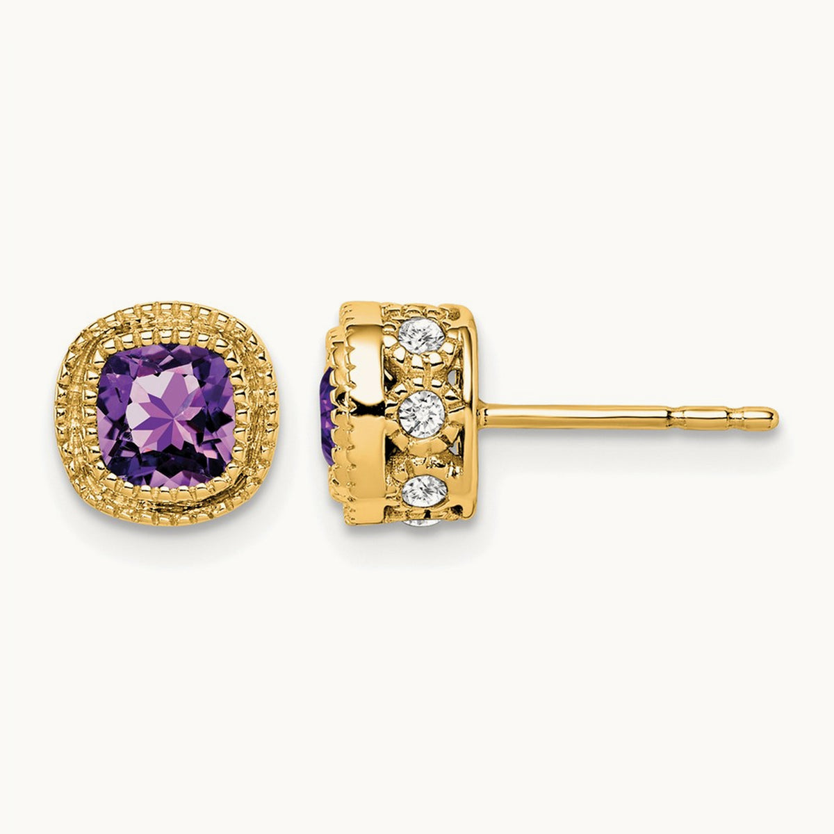 Cushion Amethyst and Diamond Earrings — 14K Yellow Gold