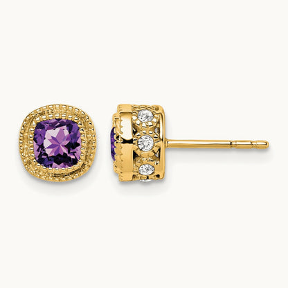 Cushion Amethyst and Diamond Earrings — 14K Yellow Gold