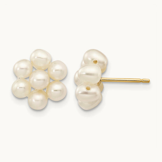 3- White Egg Freshwater Cultured Pearl Flower Earrings, 4mm, 14K