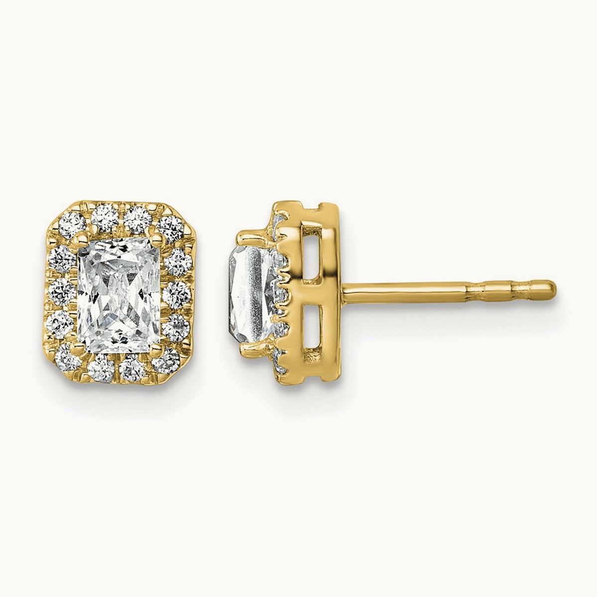 Radiant Halo Post Earrings, 0.50-8.50 ct tw Lab-Grown Diamond — 7/8 ct, 14K Yellow Gold