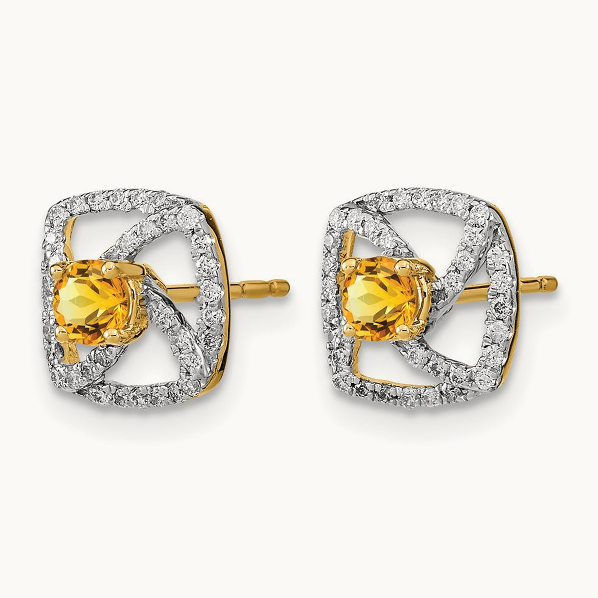 Polished Diamond and Citrine Square Post Earrings, 14K