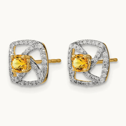 Polished Diamond and Citrine Square Post Earrings, 14K