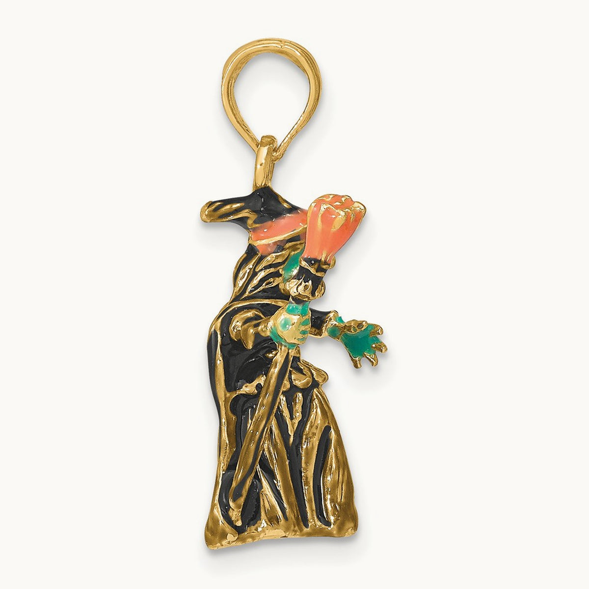 3-D Enameled Witch w/Broom Charm, 14K