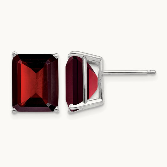 10x8 Emerald Cut Garnet Stud Earrings, 14K White Gold