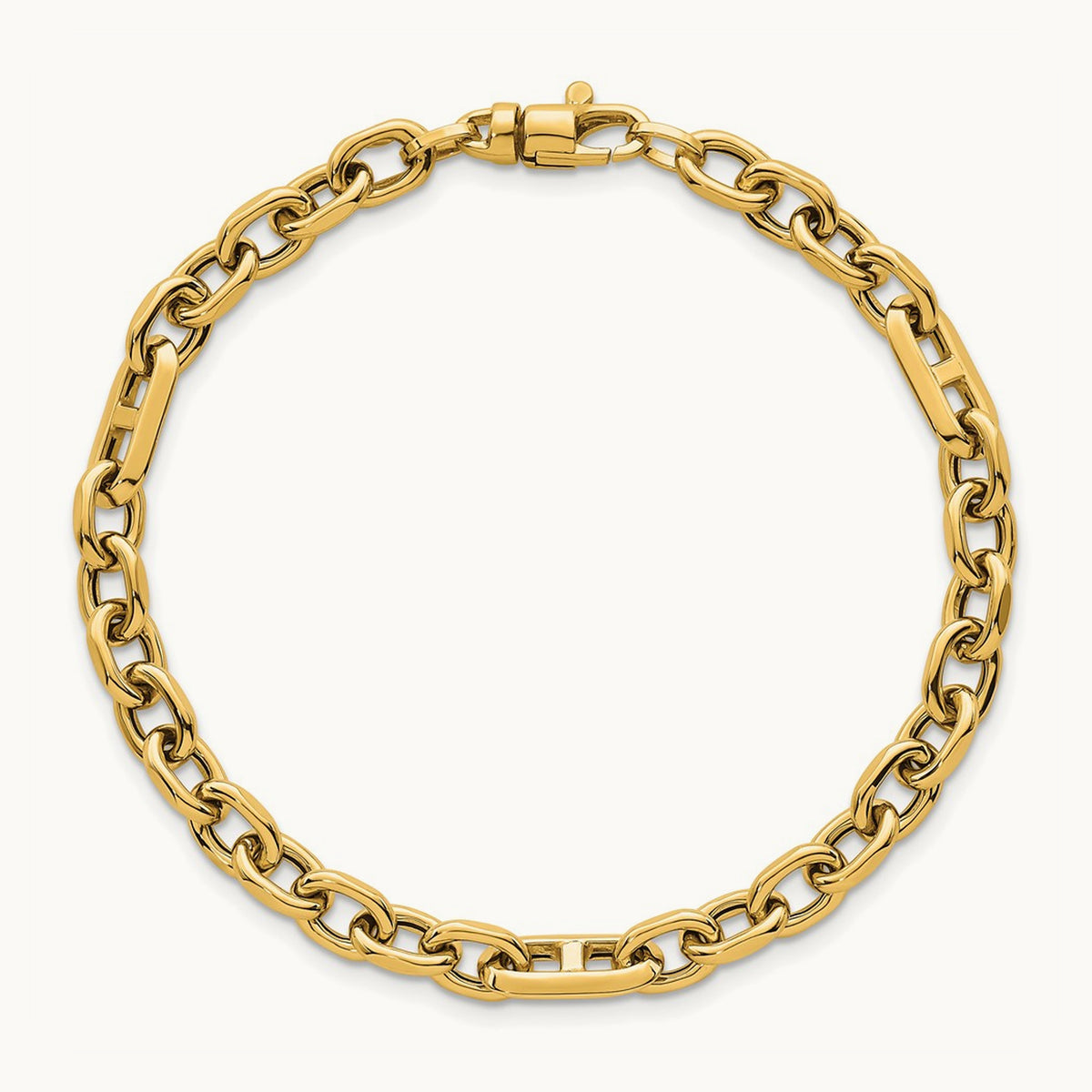 Polished Oval and Anchor Link 7.5in Bracelet, 14K