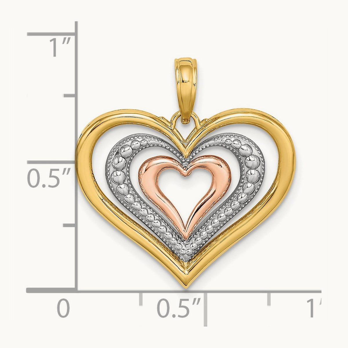 Rhodium Textured and Polished Triple Hearts Charm, 14K Two-tone White