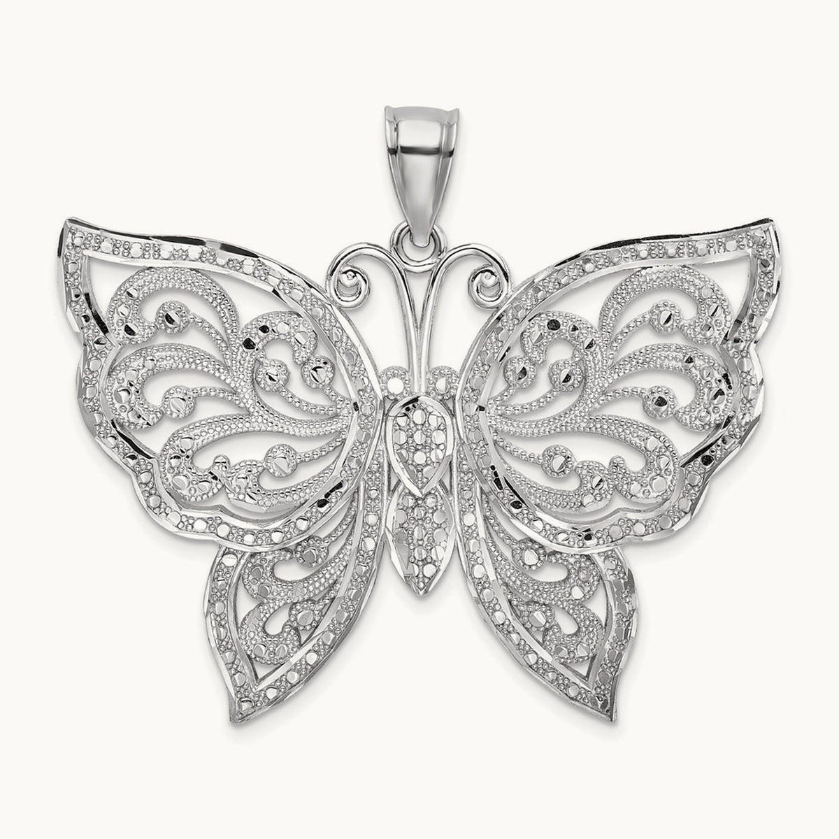 Large Diamond-cut Beaded Butterfly Charm, 14K White Gold