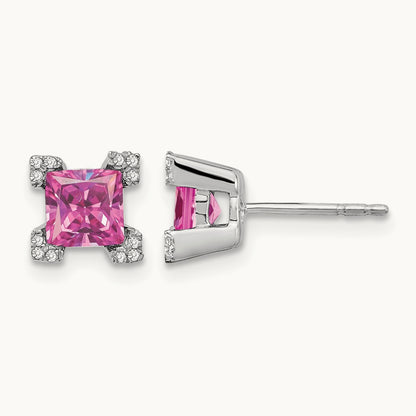 Square Created Pink Sapphire and Diamond Earrings, 14K White Gold
