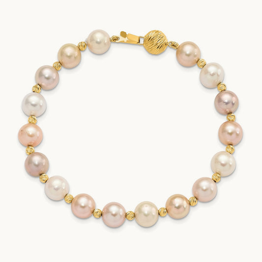 8- Semi-round Pink Purple White FWC Pearl D/C Beaded Bracelet, 9mm, 14K