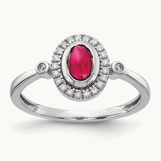 Diamond and Oval Cabochon Ruby Halo Ring, 14K White Gold