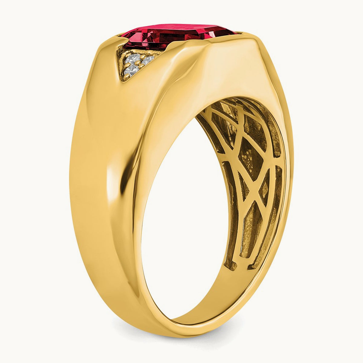 Emerald-cut Created Ruby and Lab-Grown Diamond Men's Ring — 14K Yellow Gold, 10