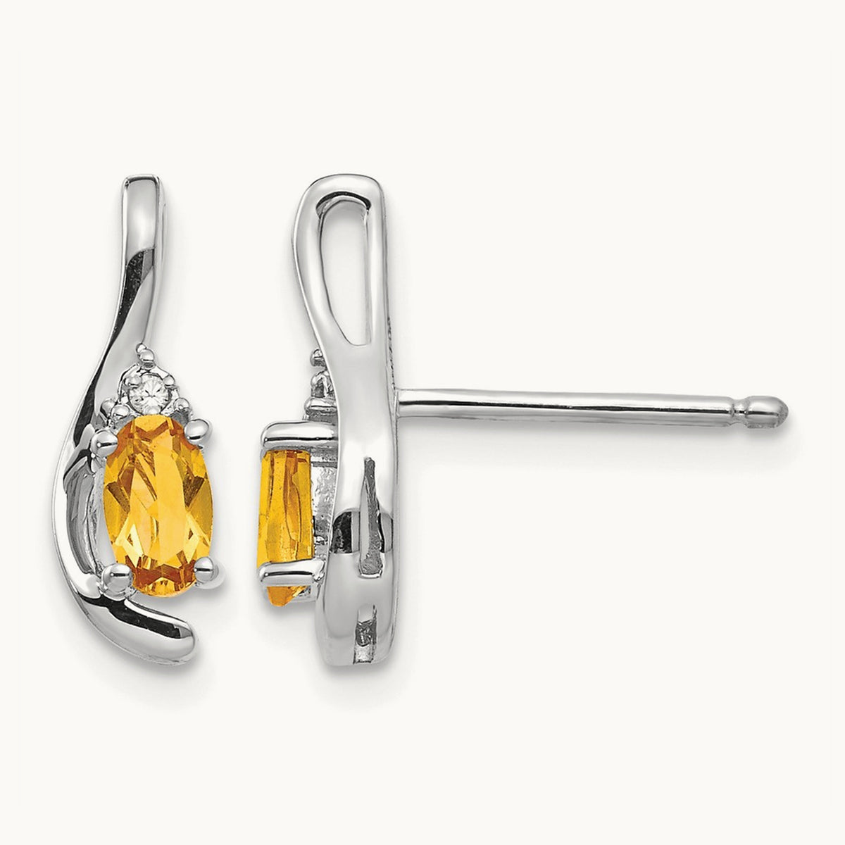 Citrine and Diamond Post Earrings — 14K White Gold