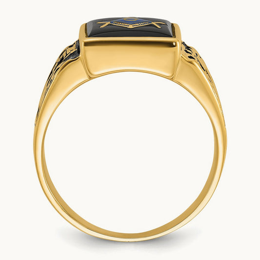 Men's Polished & Textured w/ Black Enamel & Onyx Masonic Ring, 14K