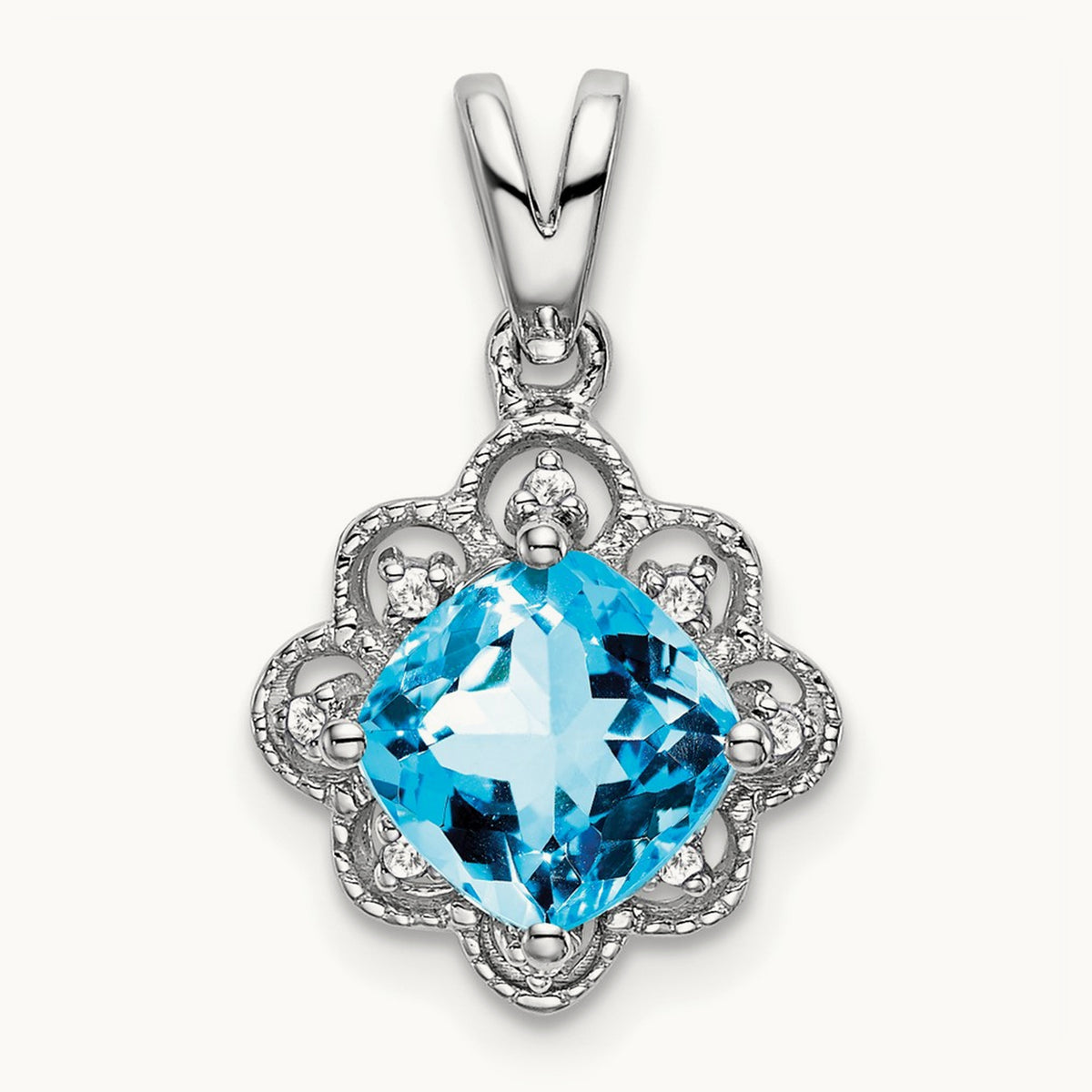 Blue Topaz and Diamond Scalloped Pendant, 14K White Gold