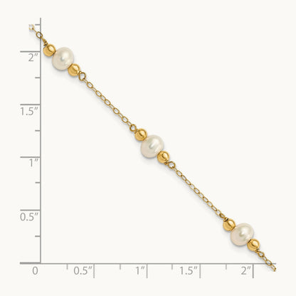 5- White Near Round FW Cultured Pearl Bead 5-station Bracelet, 6mm, 14K