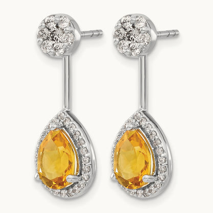 Diamond/Pear Citrine Front/Back Earrings, 14K White Gold