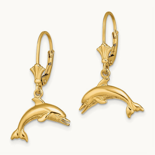 Jumping Dolphin Leverback Earrings, 14K