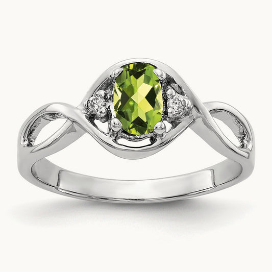 6x4mm Oval Peridot AA Diamond ring, 14K White Gold
