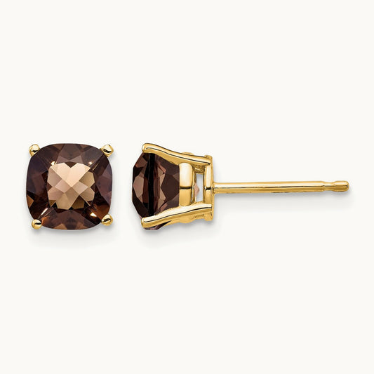 Cushion Checker-Cut Smoky Quartz Earring, 6mm, 14K