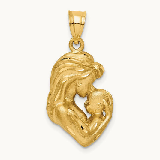 Brushed Diamond-cut Mom/Baby Pendant, 14K