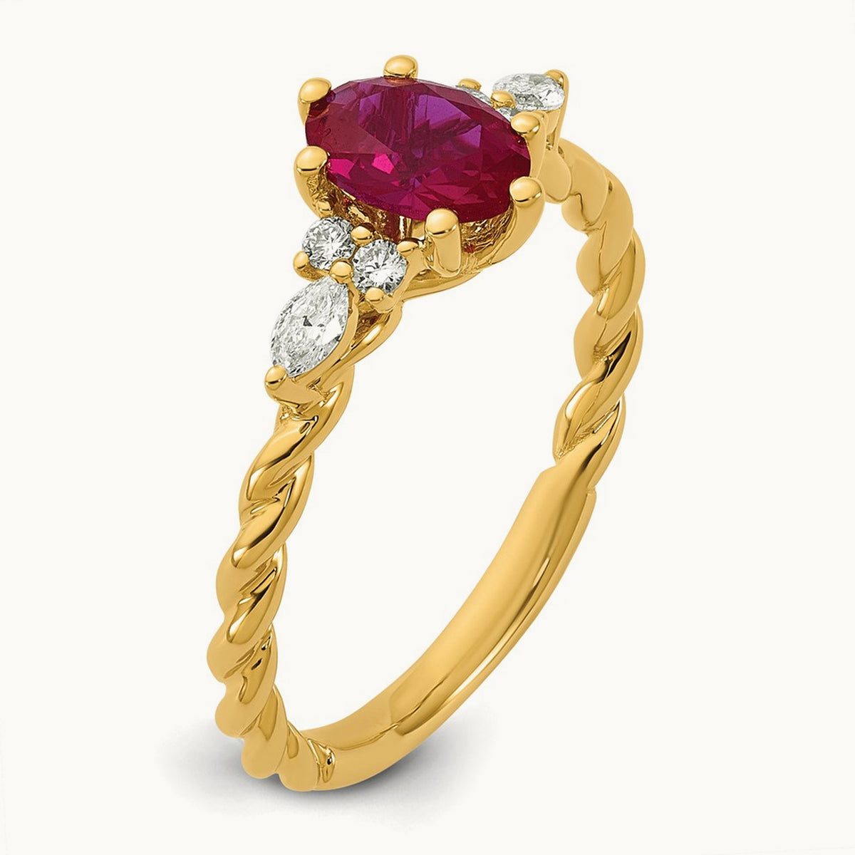 Polished Diamond and Lab Created Ruby Twisted Ring — 14K Yellow Gold