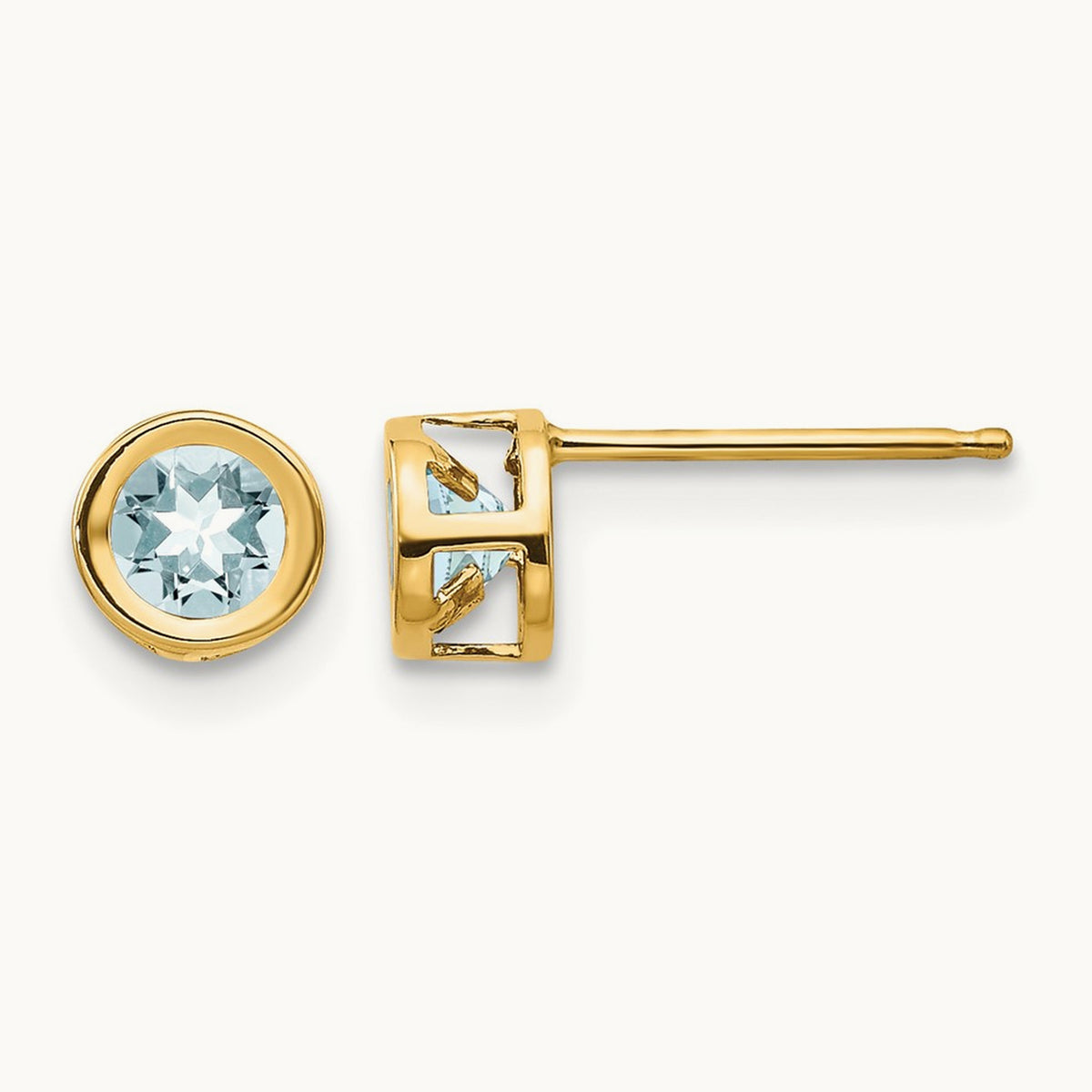 Bezel March/Aquamarine Post Earrings — 14K Yellow Gold