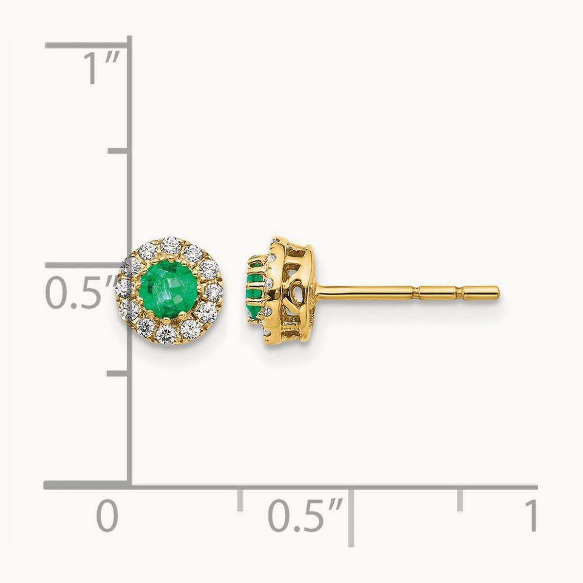 Diamond and Emerald Halo Post Earrings, 14K Gold