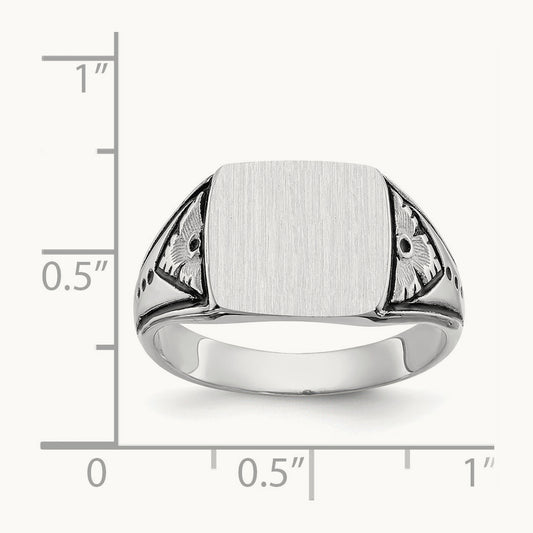 11.5x11. Closed Back Antiqued Mens Signet Ring, 0mm, 14K White Gold