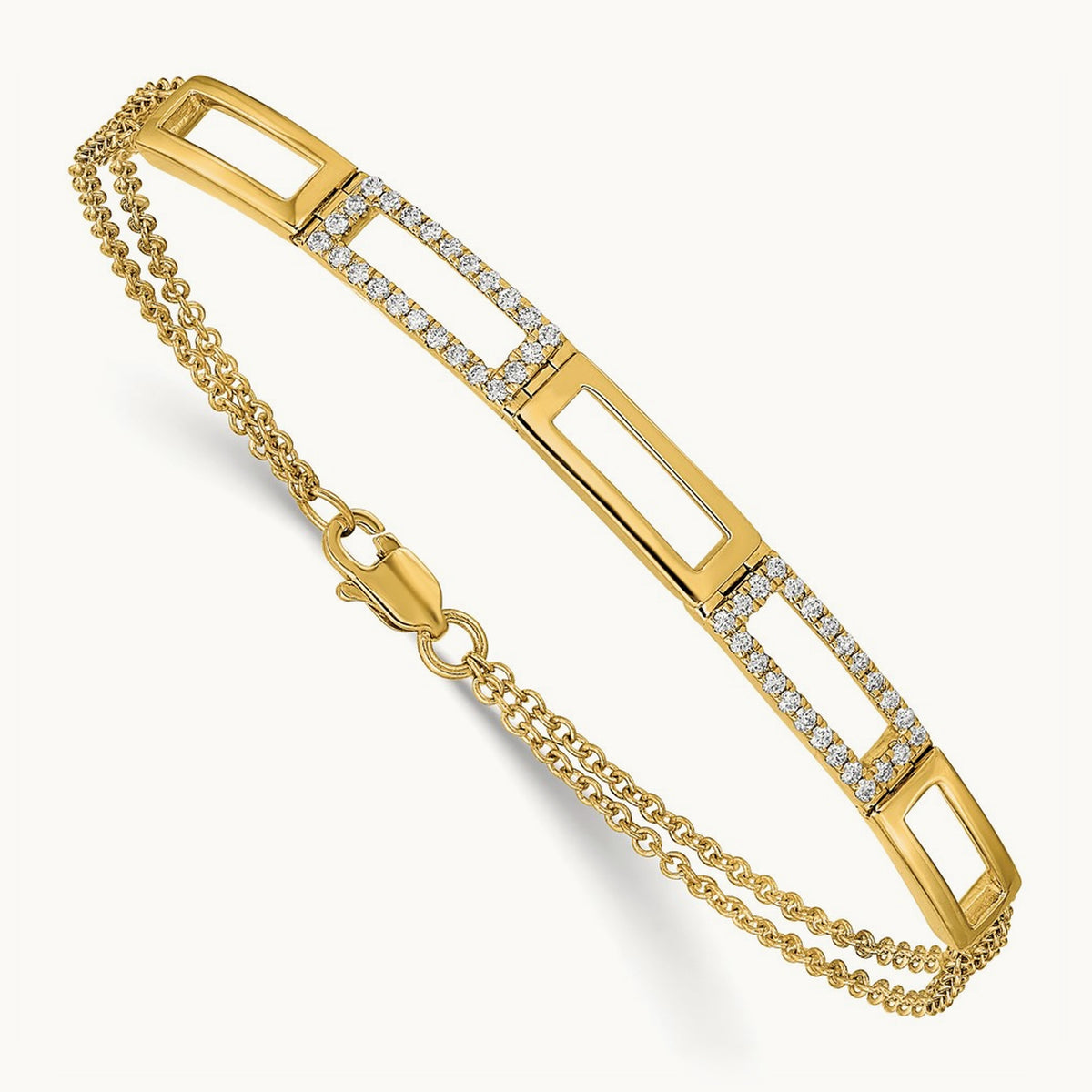Polished Rectangle Link Diamond Double Strand 7in Bracelet, 14K