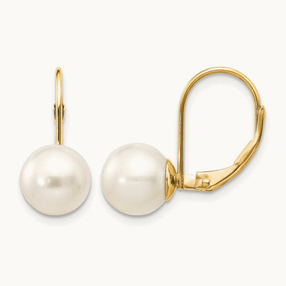 Round Freshwater Cultured Pearl Leverback Earrings — 14K Yellow Gold