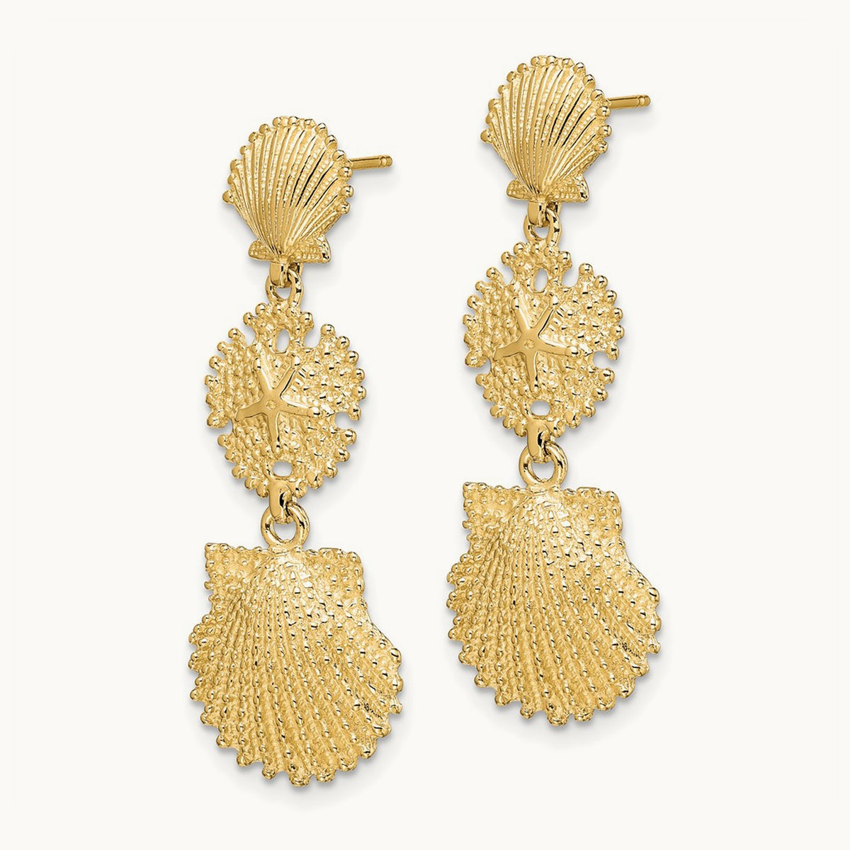 Scallop, Sand Dollar,,Scallop Dangle Earrings, 14K