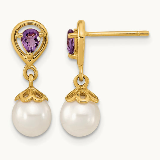 6- White Round FWC Pearl Amethyst Post Dangle Earrings, 7mm, 14K