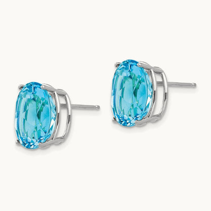 Blue Topaz Oval Stud Earrings, 14K White Gold