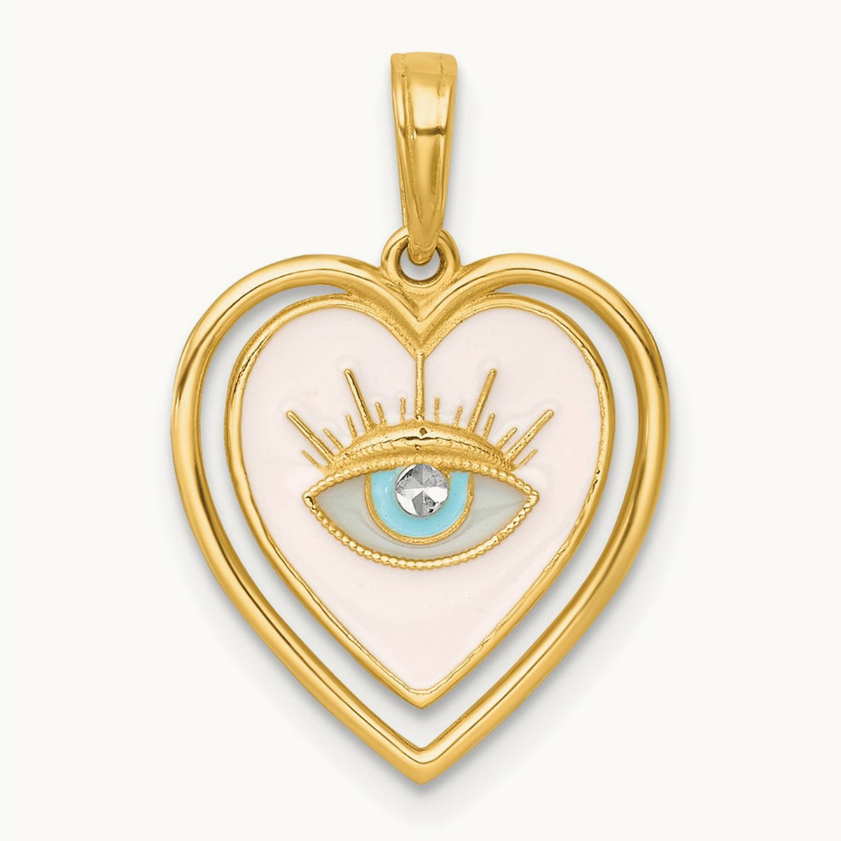Polished Multi Color Enamel Eye In Heart Charm, 14K with White Rhodium