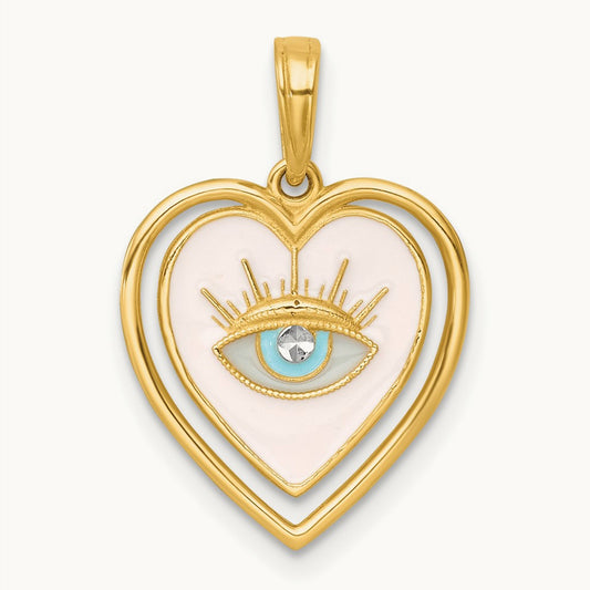 Polished Multi Color Enamel Eye In Heart Charm, 14K with White Rhodium
