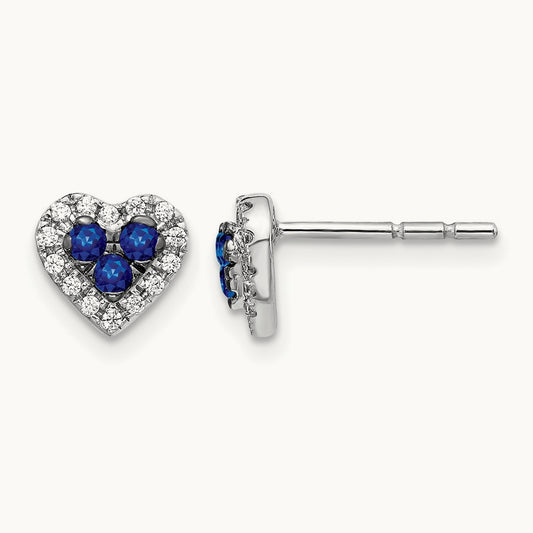 Diamond and Sapphire Heart Post Earrings, 14K White Gold