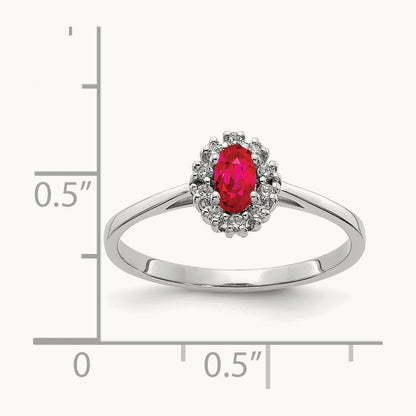 Diamond and Oval Ruby Halo Ring, 14K White Gold