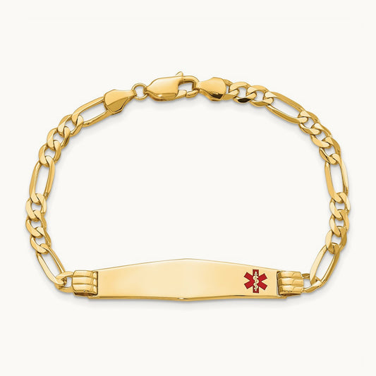 Medical Soft Diamond Shape Red Enamel Figaro ID Bracelet, 14K